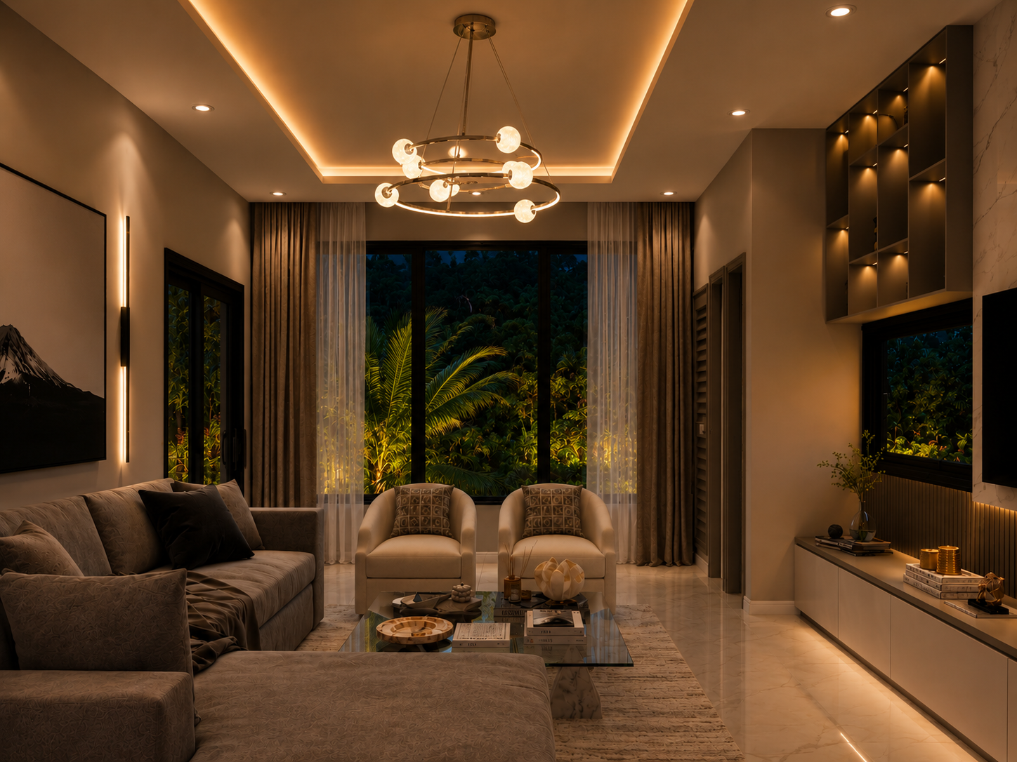The Summit penthouse open-plan living room, night